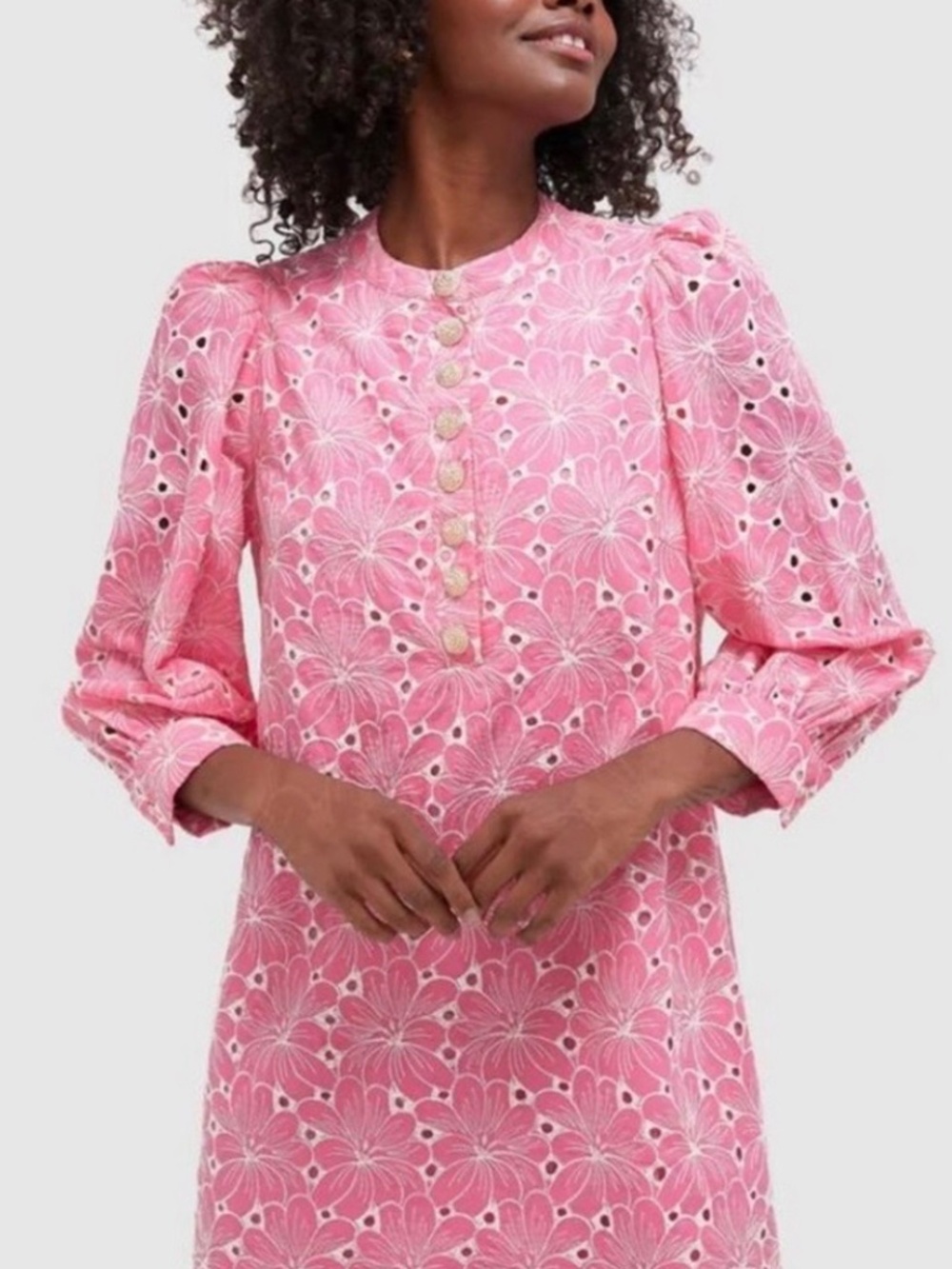 Pomander Place x Tuckernuck Pink Eyelet Samantha Dress Small Gold Button Mini - Picture 4 of 8